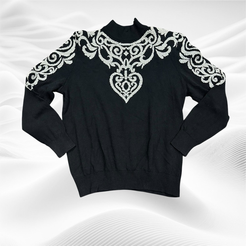 St John Collection Mock Neck Pearl Beading Scroll Pullover Sweater Medium *flaw*